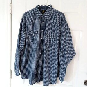Vintage Saddle King Western Wear Shirt Mens 17.5-36 Pearl Snaps Blue Plaid XXL